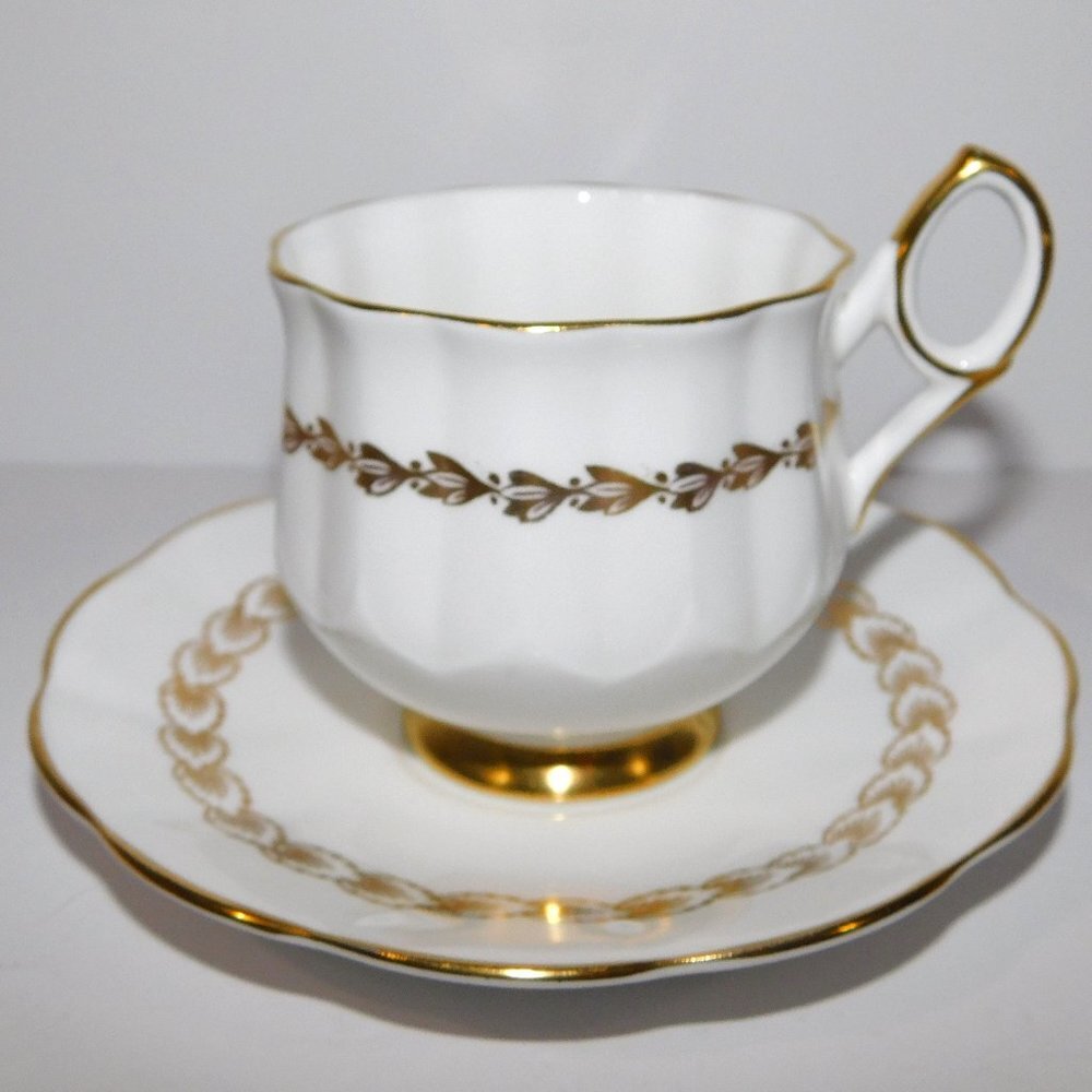Vintage Taylor & Kent Elizabethan White Gold Tea Cup & Saucer Bone China